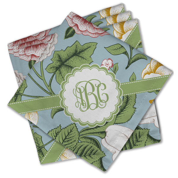 Custom Vintage Floral Cloth Cocktail Napkins - Set of 4 w/ Monogram