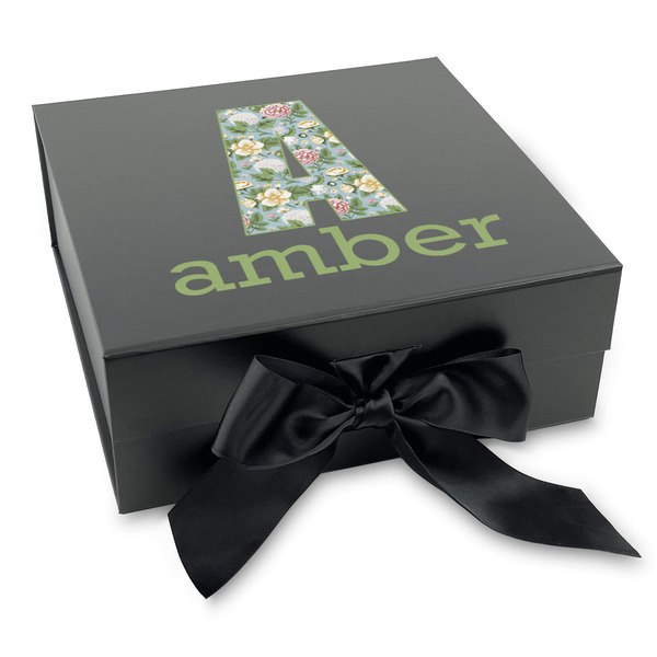 Custom Vintage Floral Gift Box with Magnetic Lid - Black (Personalized)