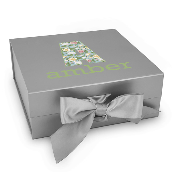 Custom Vintage Floral Gift Box with Magnetic Lid - Silver (Personalized)