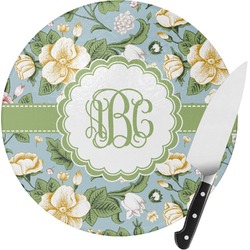 Vintage Floral Round Glass Cutting Board - Medium (Personalized)