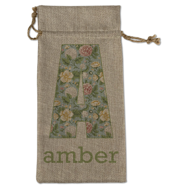 Custom Vintage Floral Large Burlap Gift Bag - Front (Personalized)