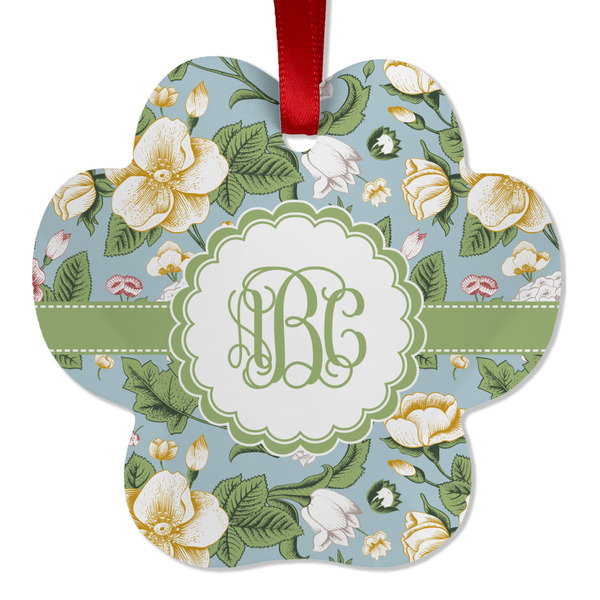 Custom Vintage Floral Metal Paw Ornament - Double Sided w/ Monogram