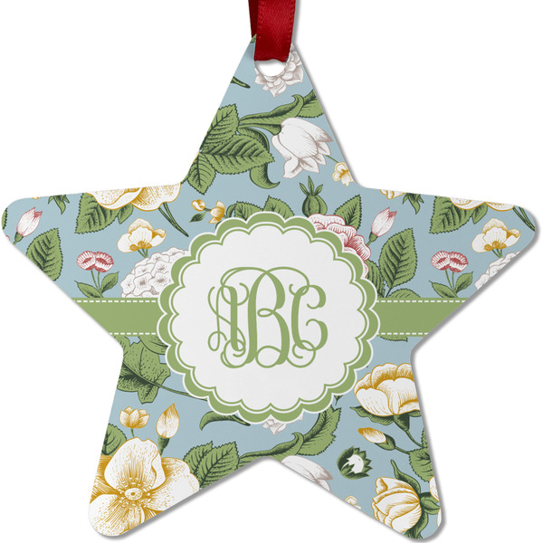 Custom Vintage Floral Metal Star Ornament - Double Sided w/ Monogram