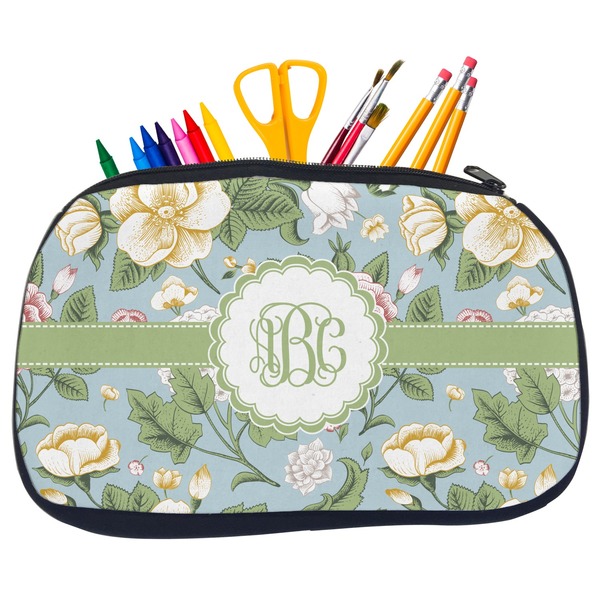 Custom Vintage Floral Neoprene Pencil Case - Medium w/ Monogram