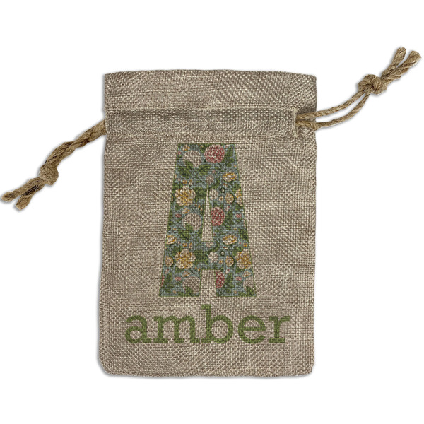 Custom Vintage Floral Small Burlap Gift Bag - Front (Personalized)