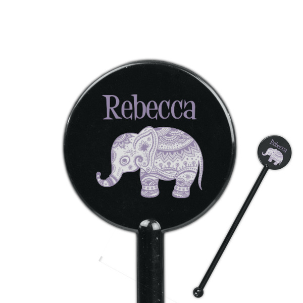 Custom Baby Elephant 5.5" Round Plastic Stir Sticks - Black - Single Sided (Personalized)