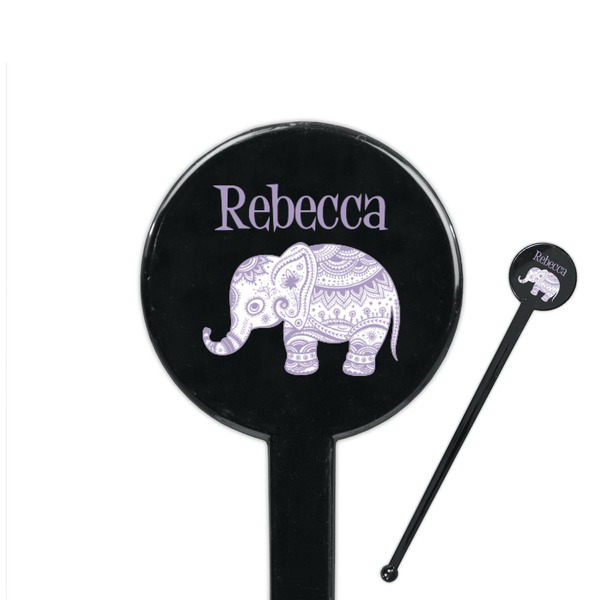 Custom Baby Elephant 7" Round Plastic Stir Sticks - Black - Single Sided (Personalized)