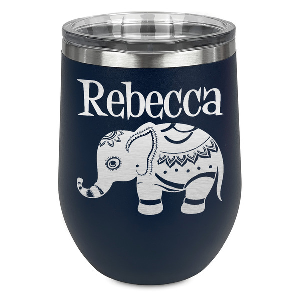 Custom Baby Elephant Stemless Stainless Steel Wine Tumbler - Navy - Double Sided (Personalized)