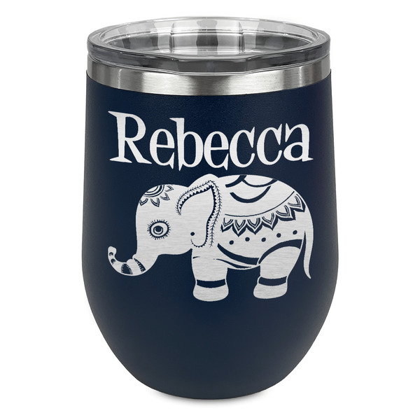 Custom Baby Elephant Stemless Stainless Steel Wine Tumbler - Navy - Single Sided (Personalized)