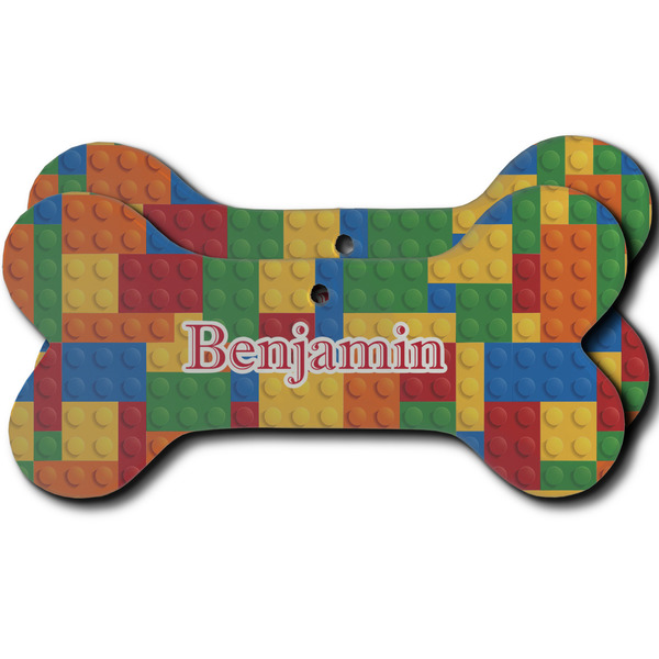 Custom Building Blocks Ceramic Dog Ornament - Front & Back w/ Name and Initial