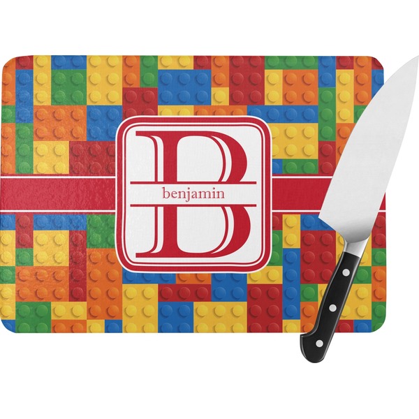 Custom Building Blocks Rectangular Glass Cutting Board - Large - 15.25"x11.25" w/ Name and Initial