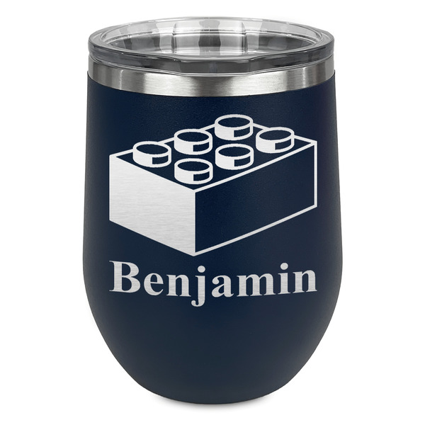 Custom Building Blocks Stemless Stainless Steel Wine Tumbler - Navy - Double Sided (Personalized)