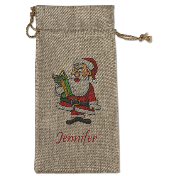 Custom Santa and Presents Large Burlap Gift Bag - Front (Personalized)