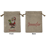 Santa and Presents Medium Burlap Gift Bag - Front & Back (Personalized)