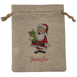 Santa and Presents Medium Burlap Gift Bag - Front (Personalized)