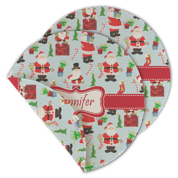 Custom Santa and Presents Round Linen Placemat - Double Sided (Personalized)