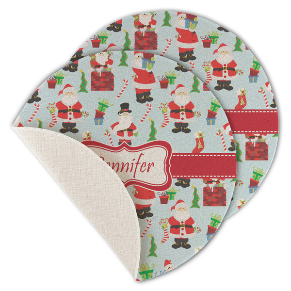 Custom Santa and Presents Round Linen Placemat - Single Sided - Set of 4 (Personalized)