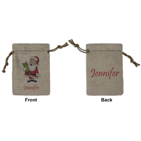 Custom Santa and Presents Small Burlap Gift Bag - Front & Back (Personalized)