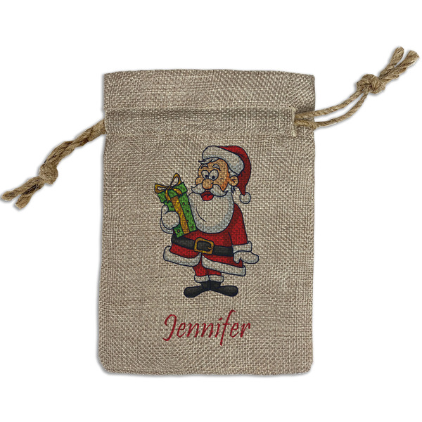 Custom Santa and Presents Small Burlap Gift Bag - Front (Personalized)