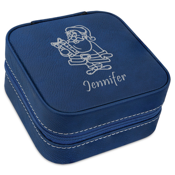 Custom Santa and Presents Travel Jewelry Box - Navy Blue Leather (Personalized)