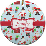 Santa and Presents Round Ceramic Ornament w/ Name or Text