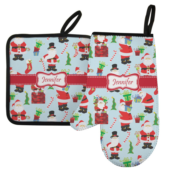 Custom Santa and Presents Left Oven Mitt & Pot Holder Set w/ Name or Text