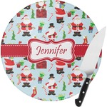 Santa and Presents Round Glass Cutting Board - Small (Personalized)