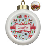 Santa and Presents Ceramic Ball Ornaments - Poinsettia Garland (Personalized)