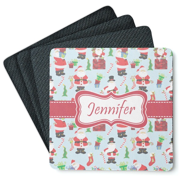 Custom Santa and Presents Square Rubber Backed Coasters - Set of 4 w/ Name or Text