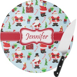 Santa and Presents Round Glass Cutting Board - Medium (Personalized)