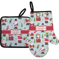 Santa and Presents Right Oven Mitt & Pot Holder Set w/ Name or Text
