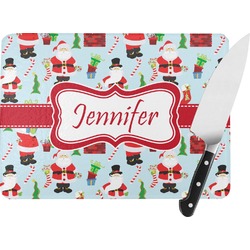 Santa and Presents Rectangular Glass Cutting Board - Large - 15.25"x11.25" w/ Name or Text