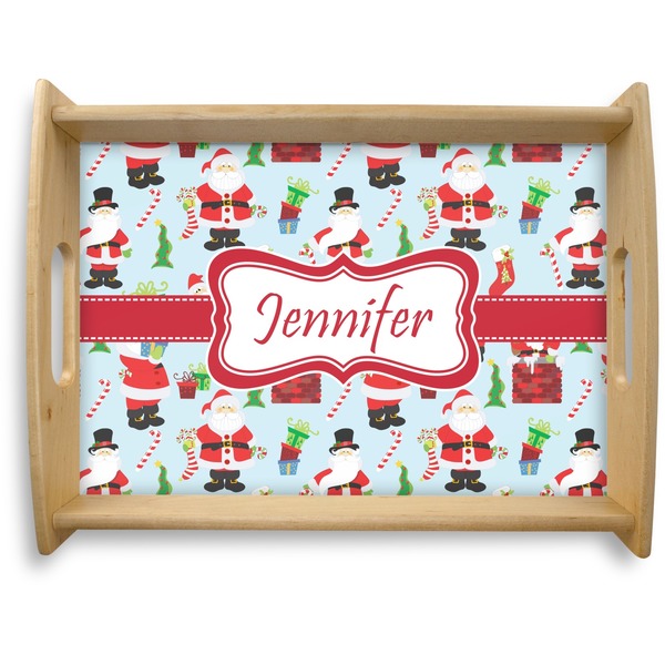 Custom Santa and Presents Natural Wooden Tray - Large w/ Name or Text