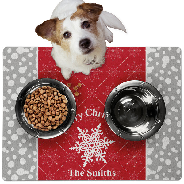 Custom Snowflakes Dog Food Mat - Medium w/ Name or Text