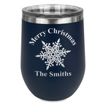 Snowflakes Stemless Stainless Steel Wine Tumbler - Navy - Double Sided (Personalized)