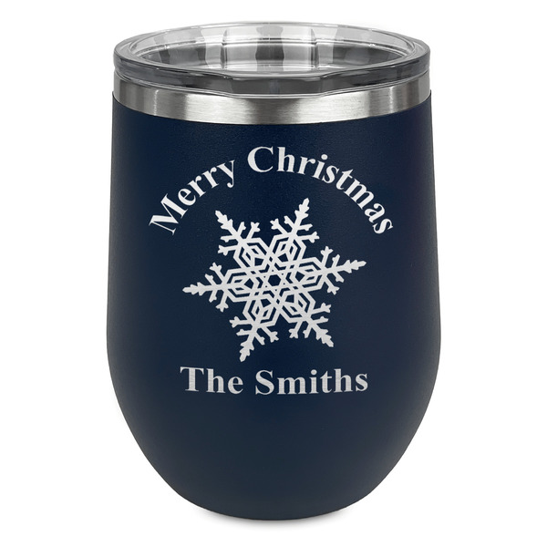 Custom Snowflakes Stemless Stainless Steel Wine Tumbler - Navy - Double Sided (Personalized)