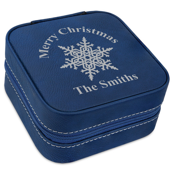 Custom Snowflakes Travel Jewelry Box - Navy Blue Leather (Personalized)