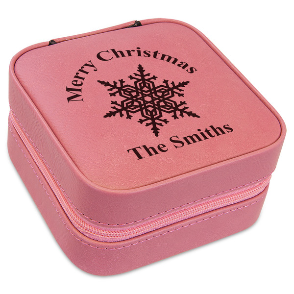 Custom Snowflakes Travel Jewelry Boxes - Pink Leather (Personalized)