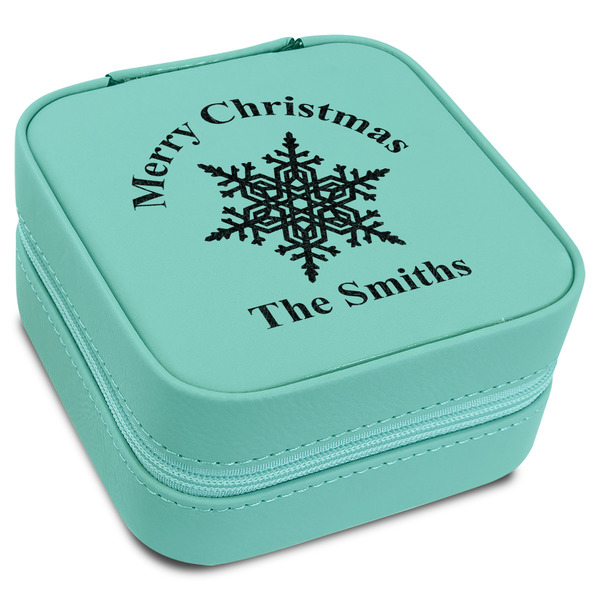 Custom Snowflakes Travel Jewelry Box - Teal Leather (Personalized)