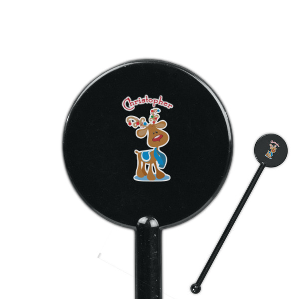 Custom Reindeer 5.5" Round Plastic Stir Sticks - Black - Double Sided (Personalized)