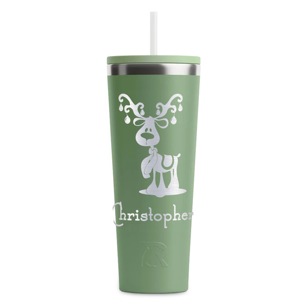 Custom Reindeer RTIC Everyday Tumbler with Straw - 28oz - Light Green - Double-Sided (Personalized)