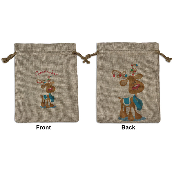 Custom Reindeer Medium Burlap Gift Bag - Front & Back (Personalized)