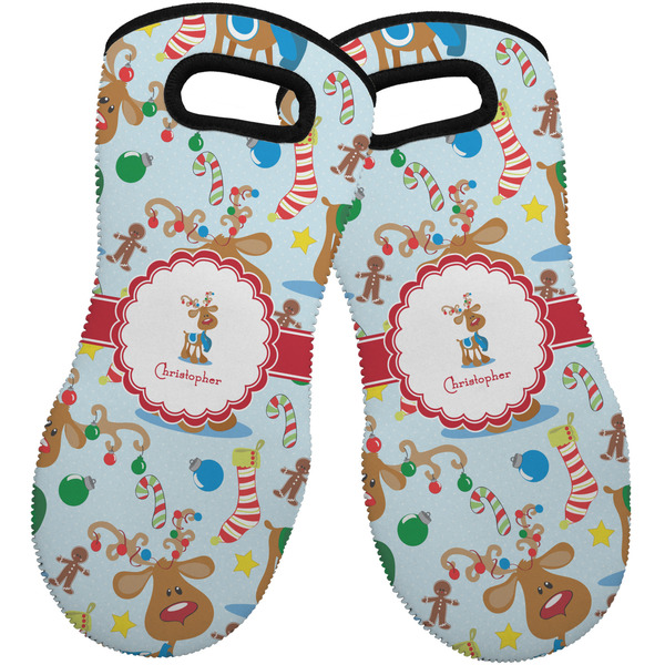 Custom Reindeer Neoprene Oven Mitts - Set of 2 w/ Name or Text