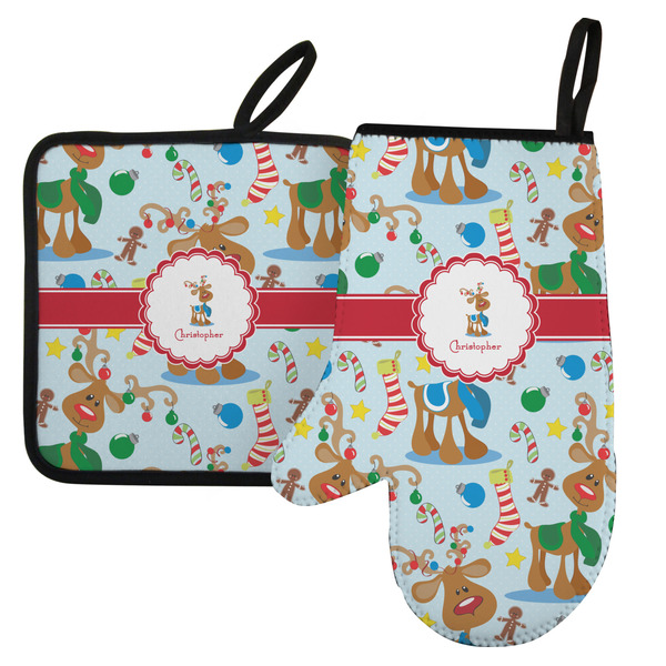 Custom Reindeer Left Oven Mitt & Pot Holder Set w/ Name or Text