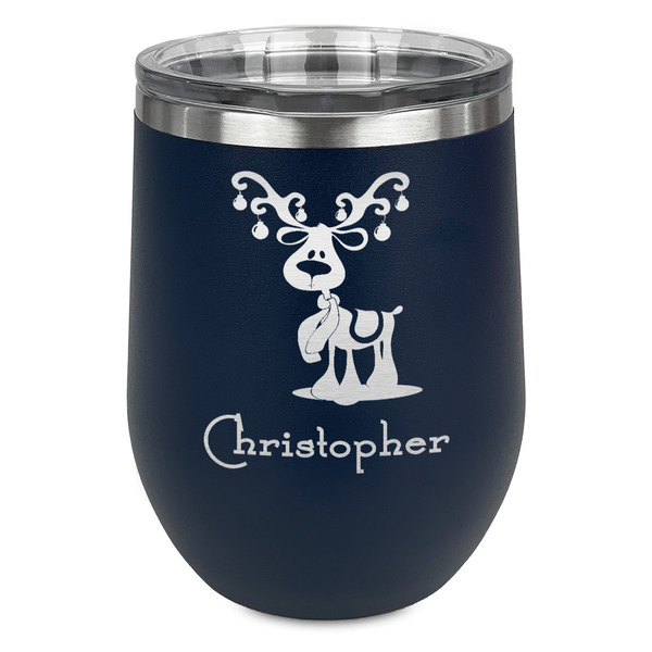 Custom Reindeer Stemless Stainless Steel Wine Tumbler - Navy - Double Sided (Personalized)