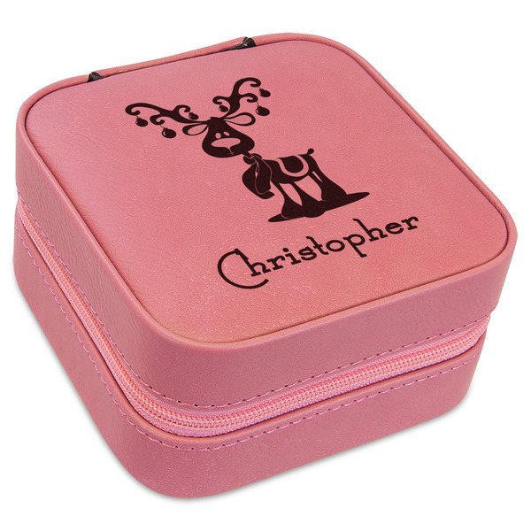 Custom Reindeer Travel Jewelry Boxes - Pink Leather (Personalized)