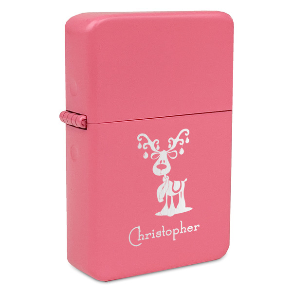 Custom Reindeer Windproof Lighter - Pink - Double Sided & Lid Engraved (Personalized)