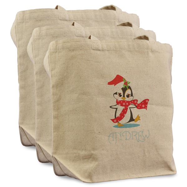 Custom Christmas Penguins Reusable Cotton Grocery Bags - Set of 3 (Personalized)