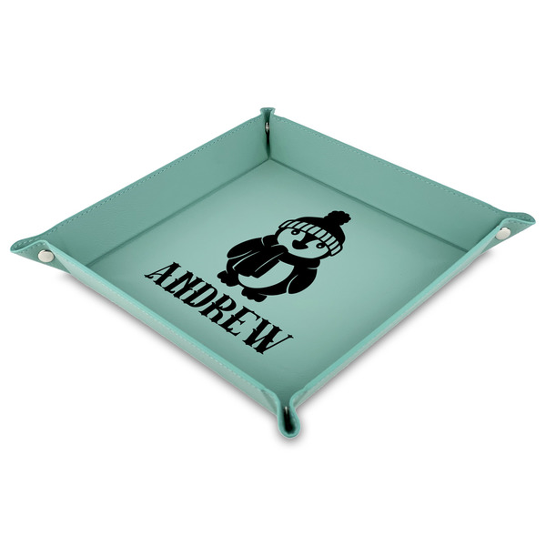 Custom Christmas Penguins Faux Leather Dice Tray - 9" x 9"  - Teal (Personalized)