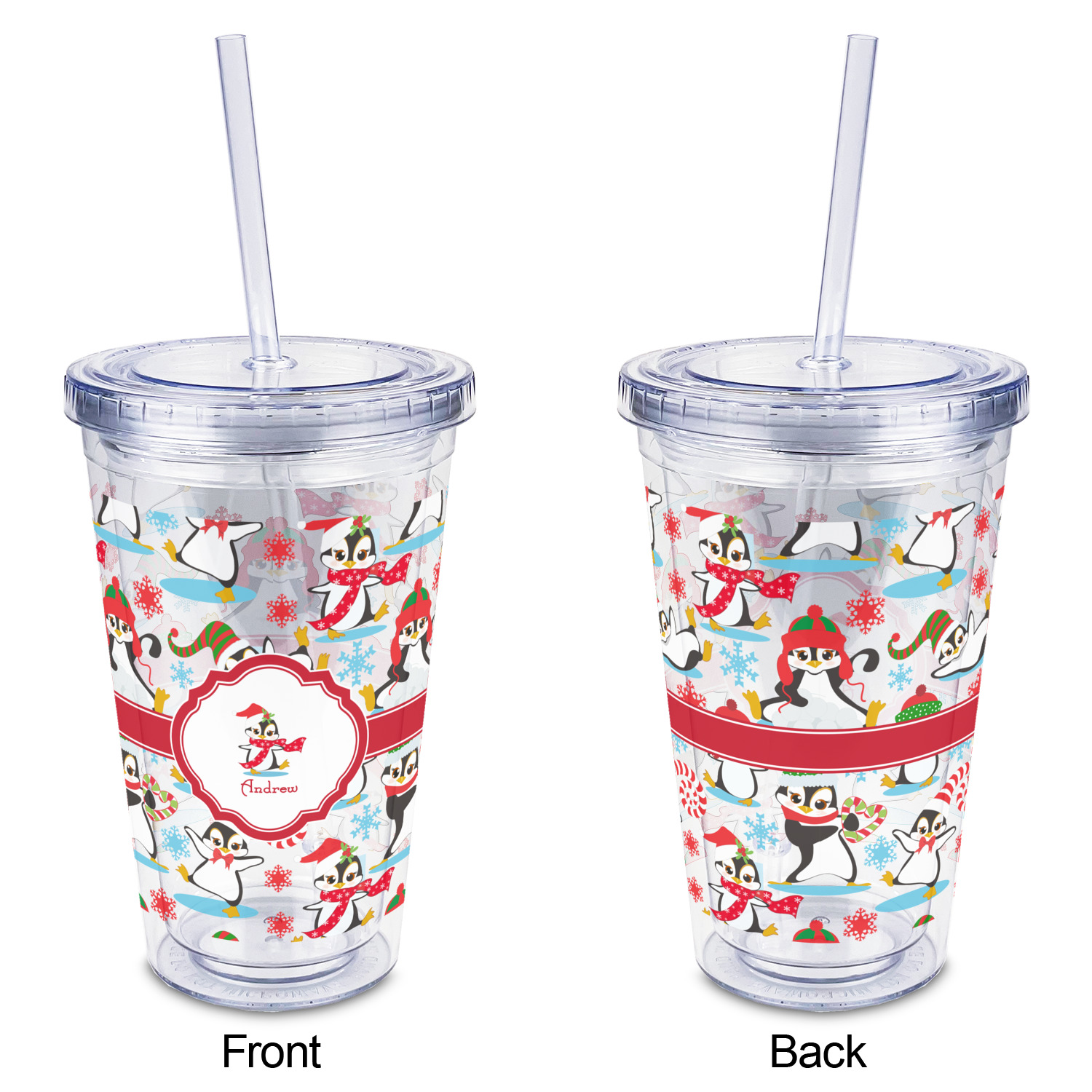 Custom Christmas Penguins Double Wall Tumbler with Straw